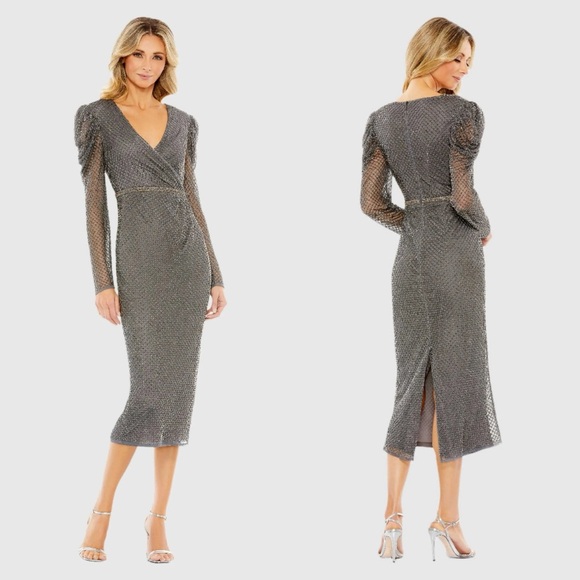 NWT Mac Duggal 93674 Gray Beaded Wrap Over Puff Sleeve Dress Size 4 - Picture 1 of 11